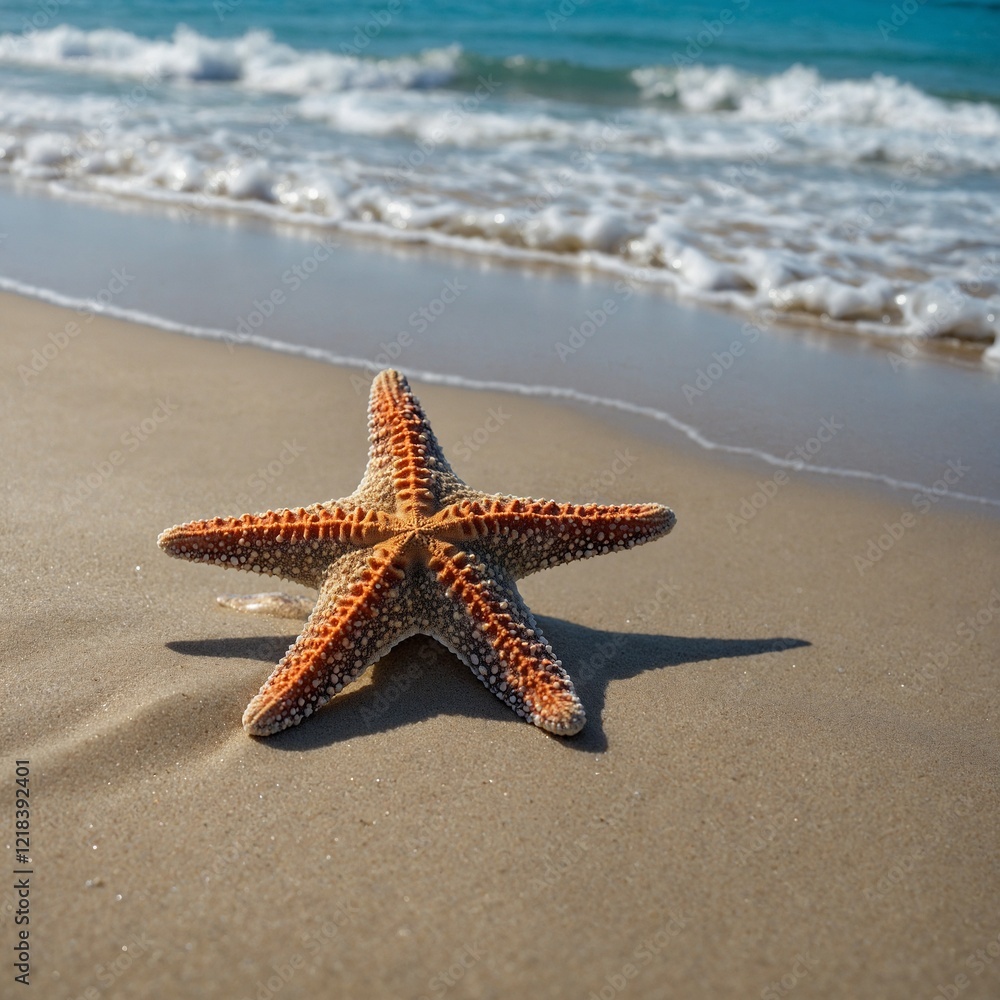 A starfish resting on a sandy beach, side-view, with turquoise waves rolling in the distance, blurred for focus. A starfish resting on a sandy beach, side-view, with turquoise waves rolling in the distance, blurred for focus.
