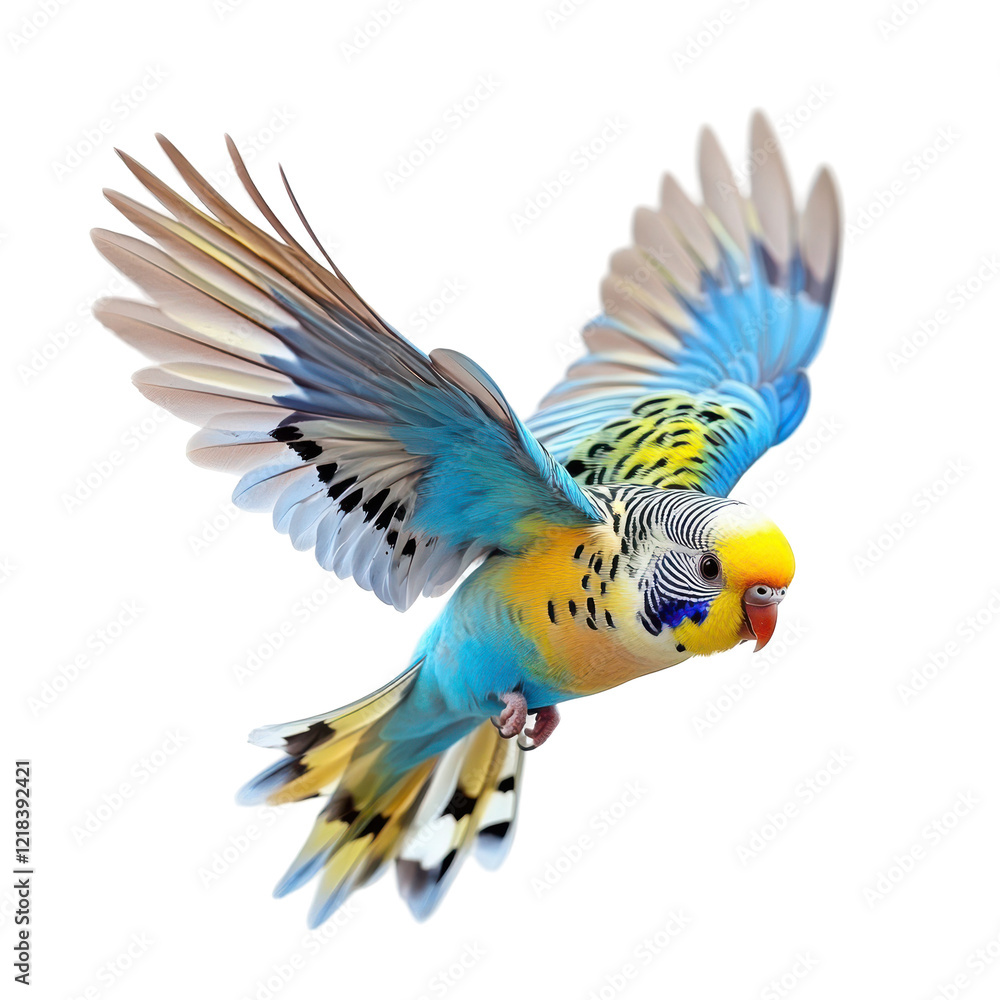 Obraz premium Colorful Budgie in Flight Wings Spread Black Background,