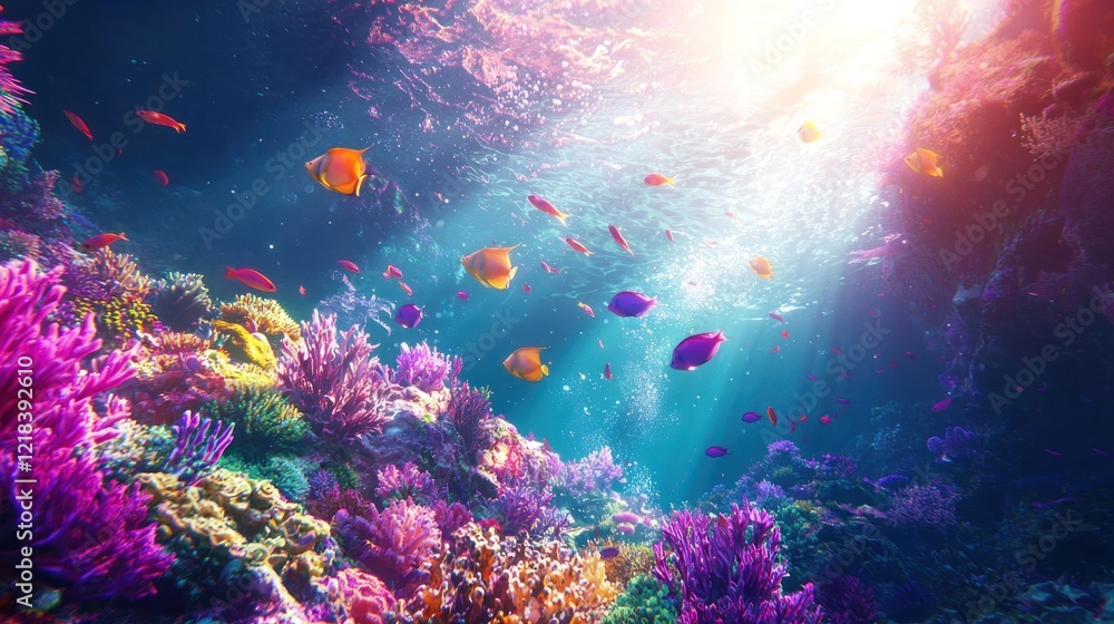 Naklejka premium Vibrant Underwater Paradise: A kaleidoscope of colorful coral reefs and diverse marine life thriving in a sun-drenched ocean