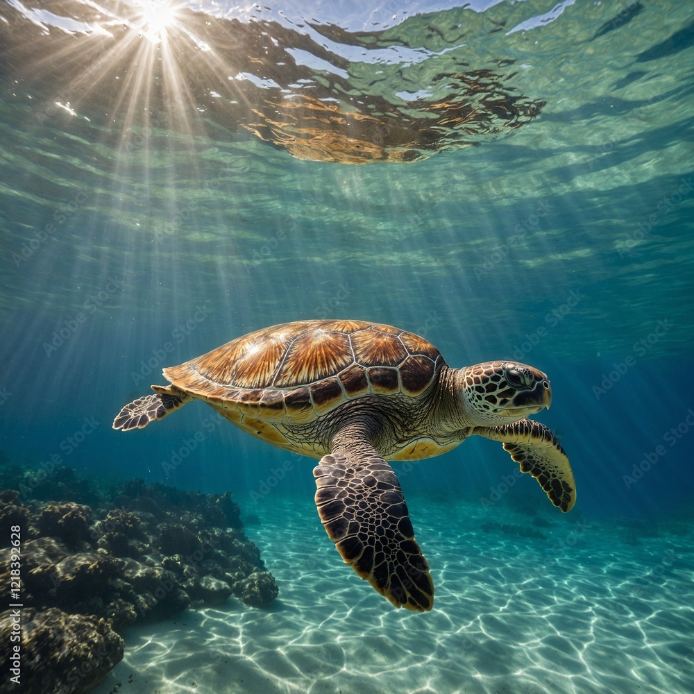 Obraz premium A sea turtle swimming gracefully near the surface of clear tropical waters, with sunlight streaming through, side-view.