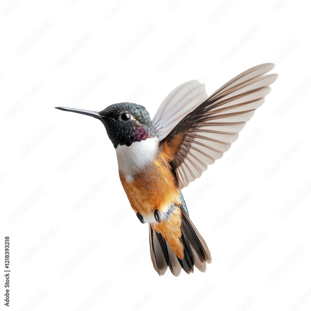 Fototapeta premium Hummingbird in flight black background vibrant colors wings spread