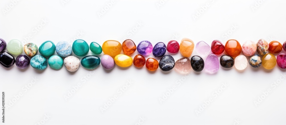 Obraz premium Colorful arrangement of natural stone beads in various shapes on a light white background with contrasting shades of purple green and orange.