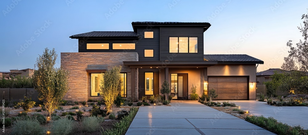 Contemporary two-story home with modern composite siding in warm beige and dark gray, surrounded by lush greenery and a paved driveway at sunset. Contemporary two-story home with modern composite siding in warm beige and dark gray, surrounded by lush greenery and a paved driveway at sunset.