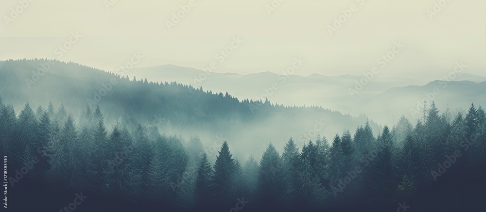 Fototapeta premium Misty forest landscape in vintage tones with deep green fir trees on rolling hills under a soft pastel sky creating a tranquil atmosphere