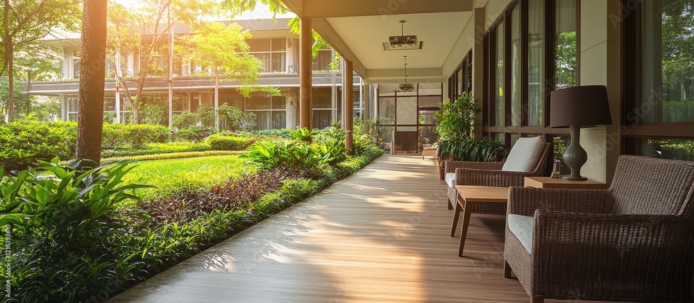 Serene modern elder care home featuring spacious porch with wooden flooring, comfortable seating, and lush greenery in warm sunlight.