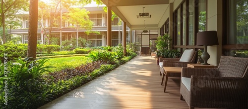 Obraz na płótnie Serene modern elder care home featuring spacious porch with wooden flooring, comfortable seating, and lush greenery in warm sunlight. w salonie
