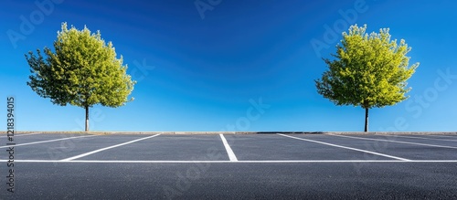 Fototapeta Naklejka Na Ścianę i Meble -  Asphalt parking lot with white striping framed by two green trees in the foreground against a bright blue sky creating a serene outdoor scene