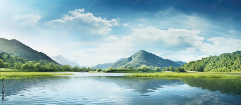 Tranquil mountain lake surrounded by lush greenery and hills under a bright blue sky with fluffy white clouds reflecting on calm water. Tranquil mountain lake surrounded by lush greenery and hills under a bright blue sky with fluffy white clouds reflecting on calm water.