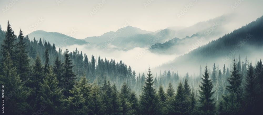 Misty mountain landscape in muted greens and blues with dense fir forest, fog rolling over hills, ideal for vintage retro themes. Misty mountain landscape in muted greens and blues with dense fir forest, fog rolling over hills, ideal for vintage retro themes.