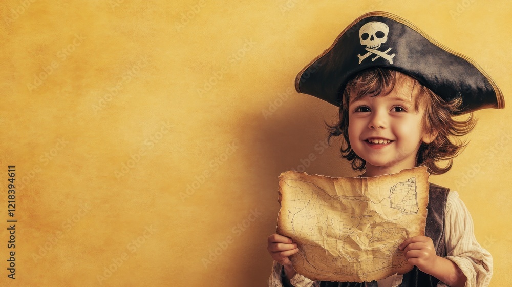Naklejka premium Happy child pirate treasure map studio shot