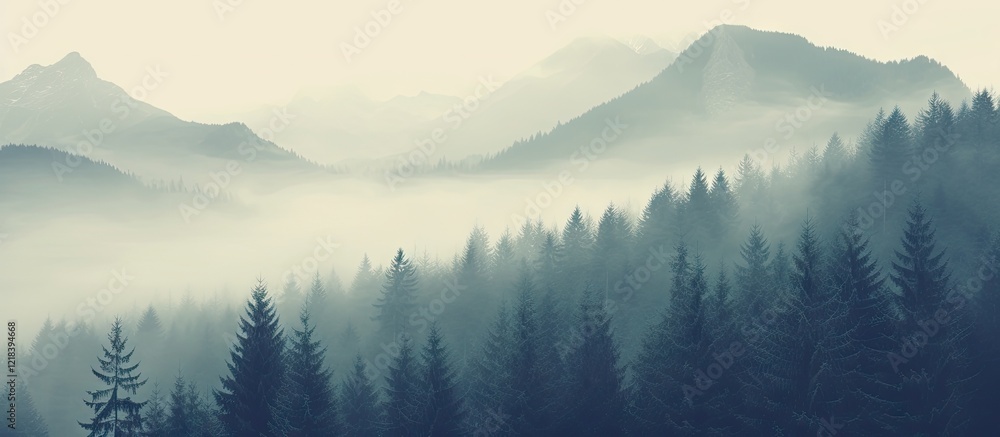 Fototapeta premium Misty mountainous landscape with dense evergreen forest in soft blues and grays, featuring serene fog and ample copyspace for text placement.