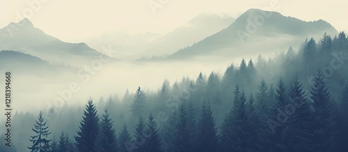 Fototapeta Naklejka Na Ścianę i Meble -  Misty mountainous landscape with dense evergreen forest in soft blues and grays, featuring serene fog and ample copyspace for text placement.
