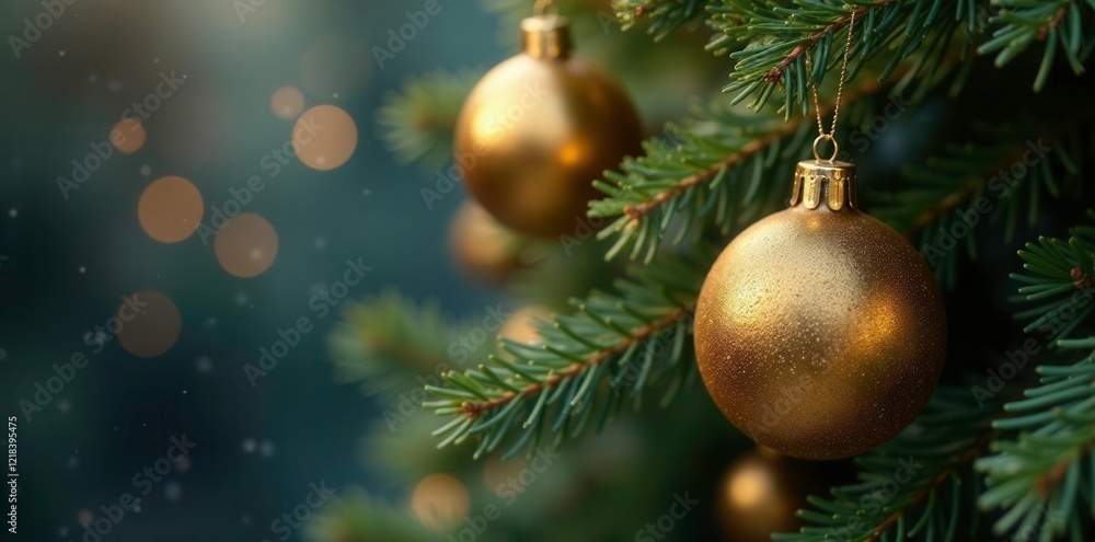 Glossy golden ornaments shimmering on a fir tree branches, decoration, winter, holiday Glossy golden ornaments shimmering on a fir tree branches, decoration, winter, holiday