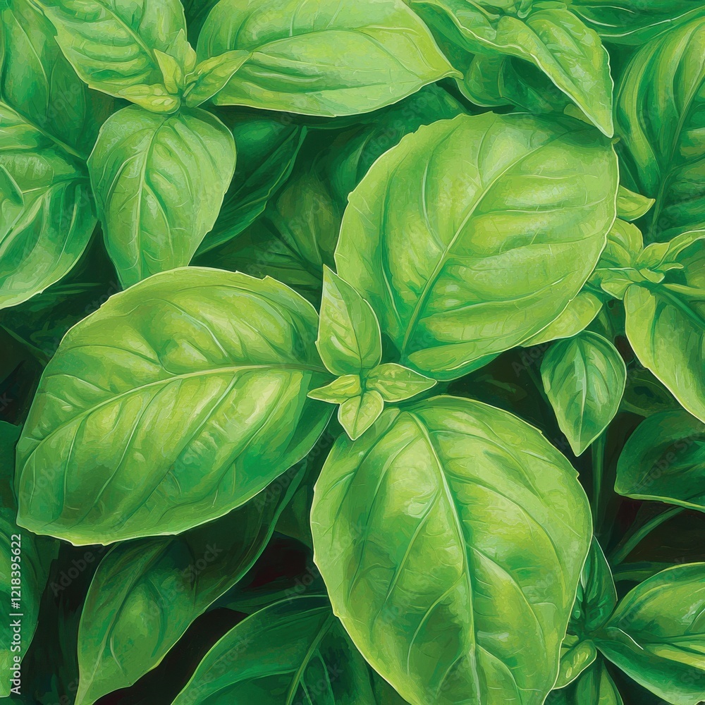 Closeup of fresh organic basil leaves natural setting botanical rich green textures Closeup of fresh organic basil leaves natural setting botanical rich green textures