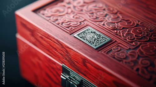 Closeup of intricate wooden jewelry box luxurious mahogany surface detailed craftsmanship nostalgic vibe photo