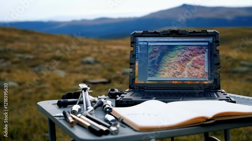 Rugged Laptop & Field Notes: Mapping the Mountain Landscape