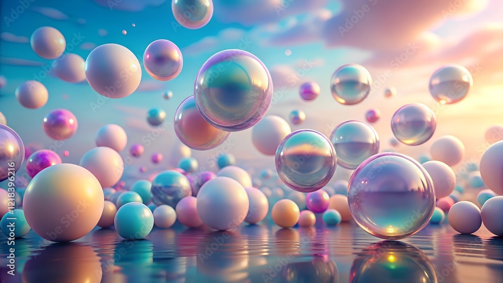 Gradient spheres floating in a misty pastel environment, with soft shadows and translucent effects. Gradient spheres floating in a misty pastel environment, with soft shadows and translucent effects.