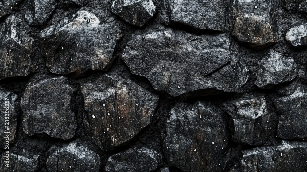 Textured black stone surface with water droplets, moody aesthetic Textured black stone surface with water droplets, moody aesthetic