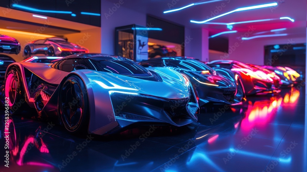 A lineup of futuristic cars with glowing designs and aerodynamic shapes, parked in a neon-lit showroom A lineup of futuristic cars with glowing designs and aerodynamic shapes, parked in a neon-lit showroom