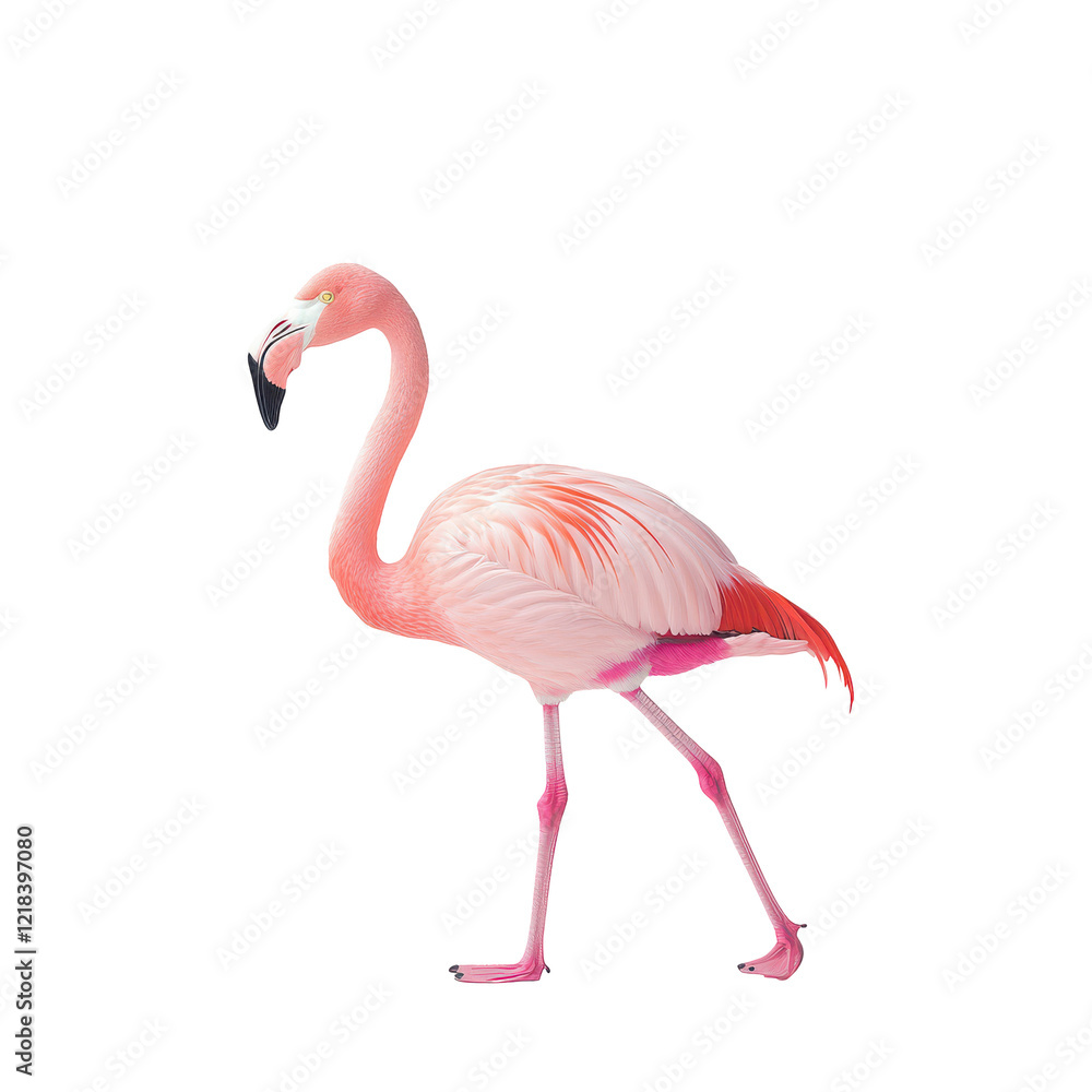 Fototapeta premium Pink Flamingo Walking Against Black Background Beautiful Bird Exotic Animal Wildlife Photography,