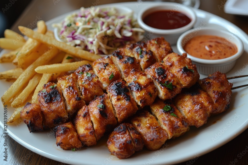 Grilled chicken skewers served with french fries and coleslaw Grilled chicken skewers served with french fries and coleslaw