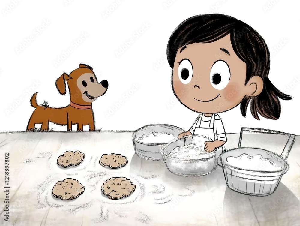 Girl baking cookies in a bright kitchen with a cheerful dog Girl baking cookies in a bright kitchen with a cheerful dog