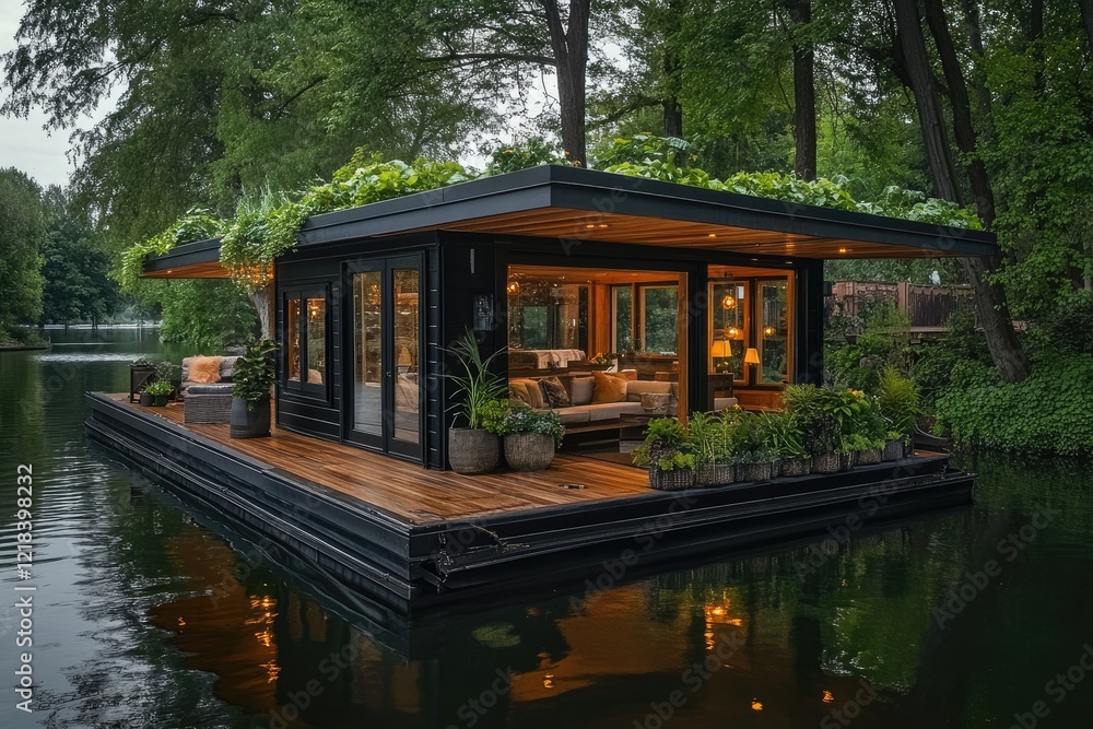 Floating house reflecting on calm water at sunset with illuminated interior Floating house reflecting on calm water at sunset with illuminated interior