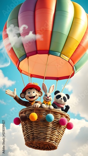 Funny animal trio enjoying ride in orange hot air balloon