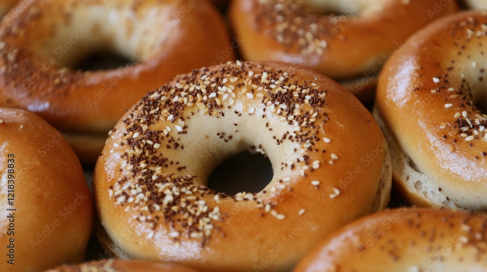 Freshly baked sesame and poppy seed bagels in close-up view National Bagel and Lox Day Freshly baked sesame and poppy seed bagels in close-up view National Bagel and Lox Day