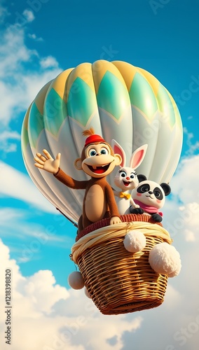 Cartoon hamster friends travelling in cheerful balloon basket
