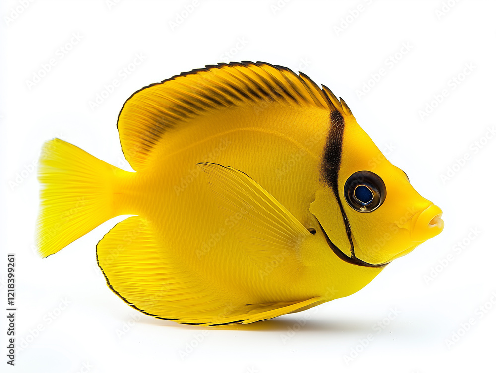 Naklejka premium Bright Yellow Fish With Distinctive Markings Swims Gracefully Against a White Background in a Serene Underwater Setting