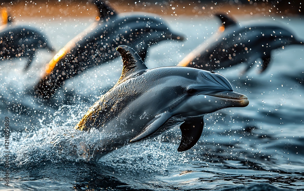 Fototapeta premium Dolphins leaping from ocean water at sunset.