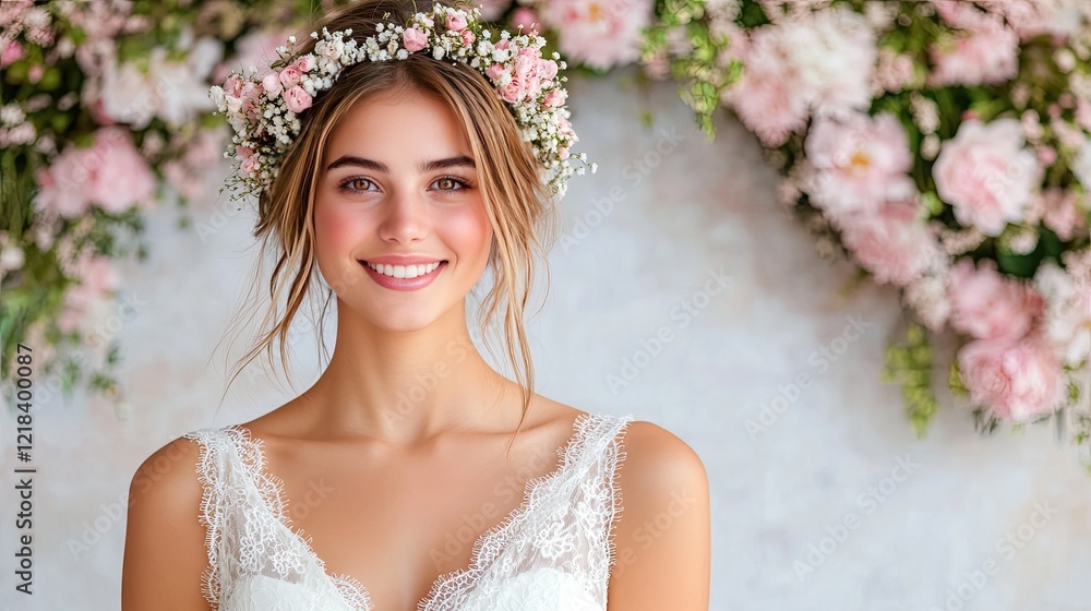 Naklejka premium Beautiful Bride in White Lace Wedding Dress with Floral Crown