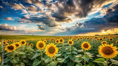 Muted sky with scattered clouds and sunflowers, landscape, rural, landscape,rural,open fields,greenery photo