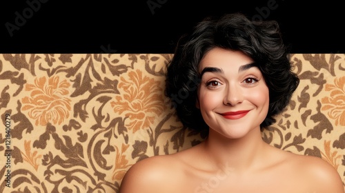 Closeup Portrait of a Smiling Woman with Curly Dark Hair Against a Floral Background photo