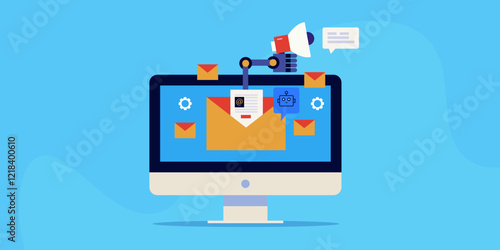 Email marketing automation driven by AI technology, vector banner.