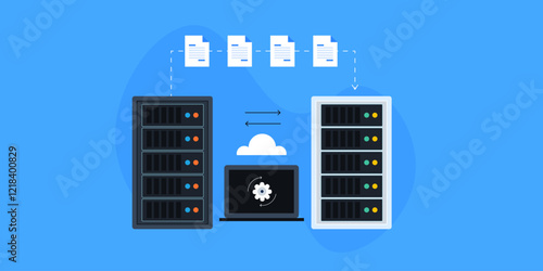 Server migration, transferring online data with cloud server connection, internet technology vector banner.