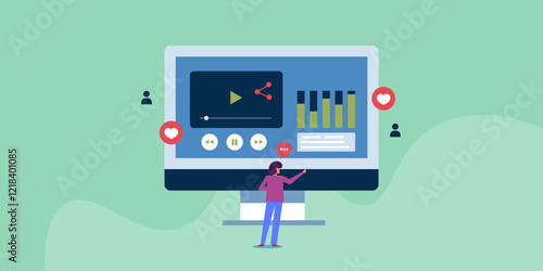 Video content post on social media, digital marketing people experiments with content and monitoring data analytics, vector illustration concept.