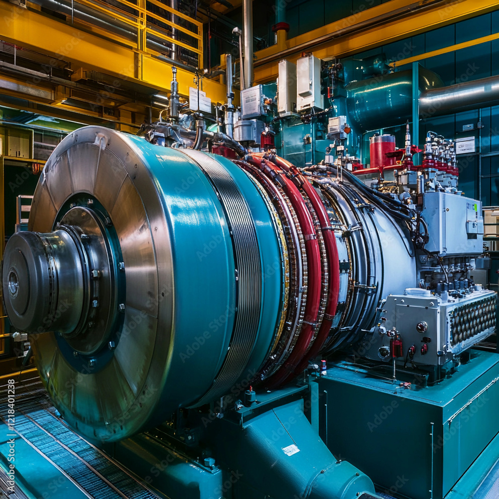 High-efficiency industrial gas turbine in a modern energy facility during daytime operation High-efficiency industrial gas turbine in a modern energy facility during daytime operation