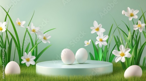 Easter podium background 3d product egg spring happy flower display scene sale gold. Background rabbit podium banner cosmetic greeting easter stage card poster platform grass nature mockup green day photo