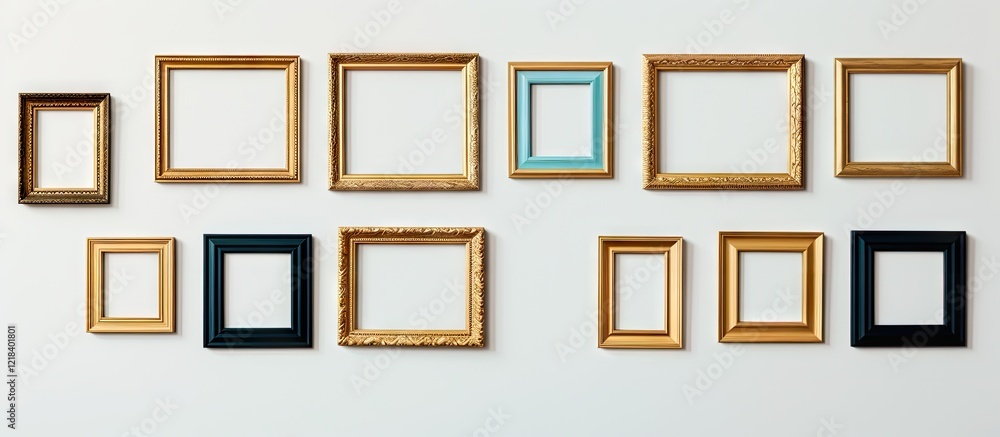 Various ornate picture frames arranged asymmetrically on a light gray wall, featuring gold, black, and one blue frame for contrast. Various ornate picture frames arranged asymmetrically on a light gray wall, featuring gold, black, and one blue frame for contrast.