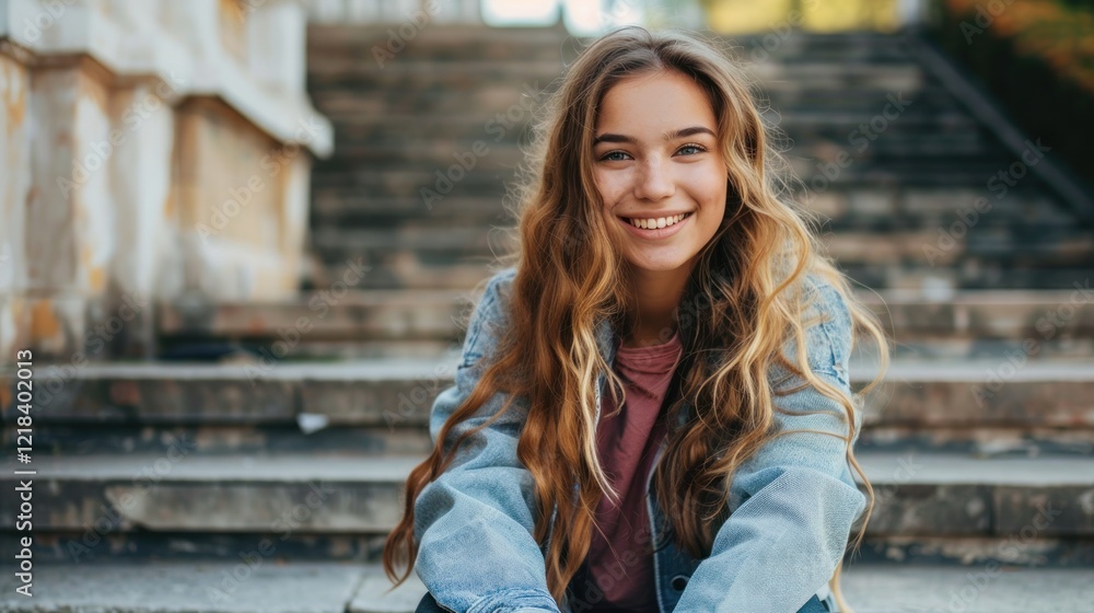 Portrait of smiling young female Student sitting on university stairs, AI generated image Portrait of smiling young female Student sitting on university stairs, AI generated image