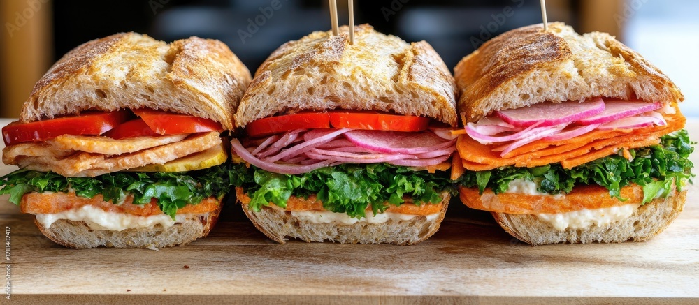 Fresh whole grain sandwiches with vibrant green lettuce, juicy red tomatoes, and colorful sliced vegetables, presented in a rustic wooden setting. Fresh whole grain sandwiches with vibrant green lettuce, juicy red tomatoes, and colorful sliced vegetables, presented in a rustic wooden setting.