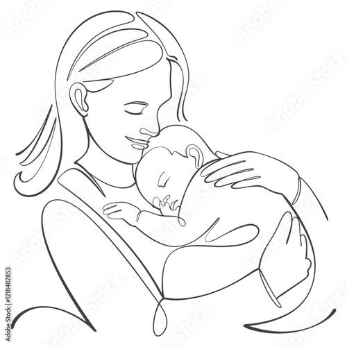 parent and baby, mom hugs the baby line art style vector illustration