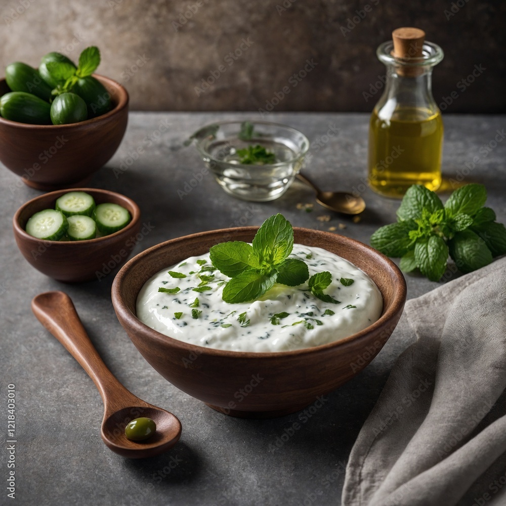 A serving of Turkish cacık (yogurt with cucumber and mint) in a small bowl with olive oil. A serving of Turkish cacık (yogurt with cucumber and mint) in a small bowl with olive oil.