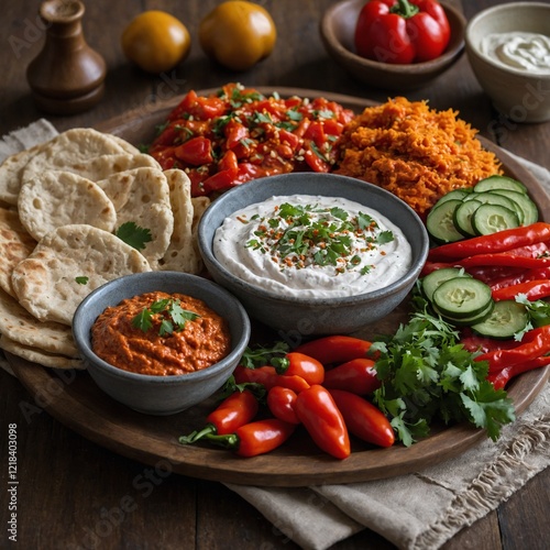  colorful meze platter featuring baba ghanoush, haydari (yogurt dip), and muhammara (red pepper dip). photo