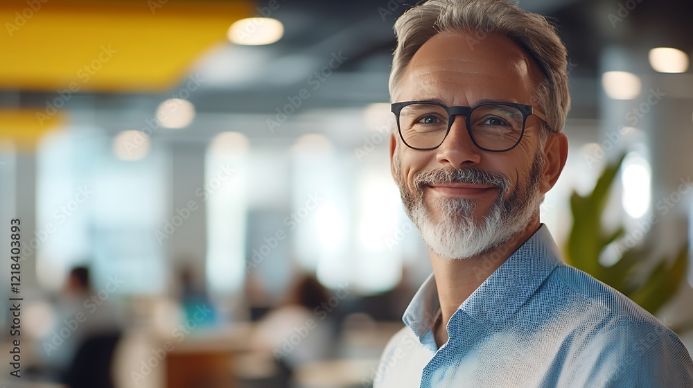 Obraz premium Smiling Middle-Aged Man with Glasses in an Office Setting