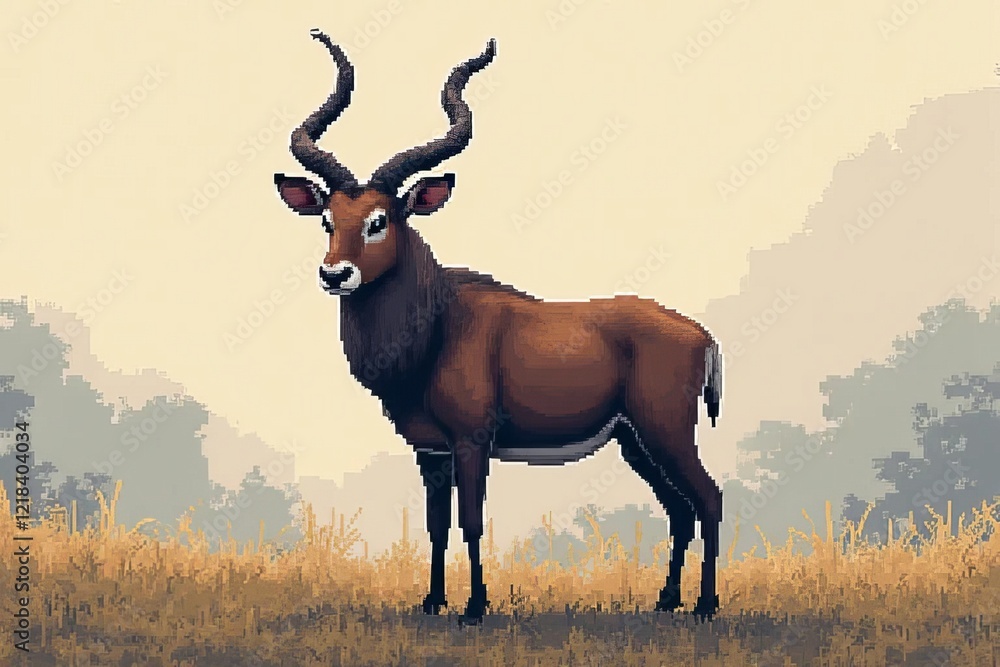 Fototapeta premium A majestic antelope stands on golden grass, showcasing its impressive horns against a serene, nature-inspired backdrop.