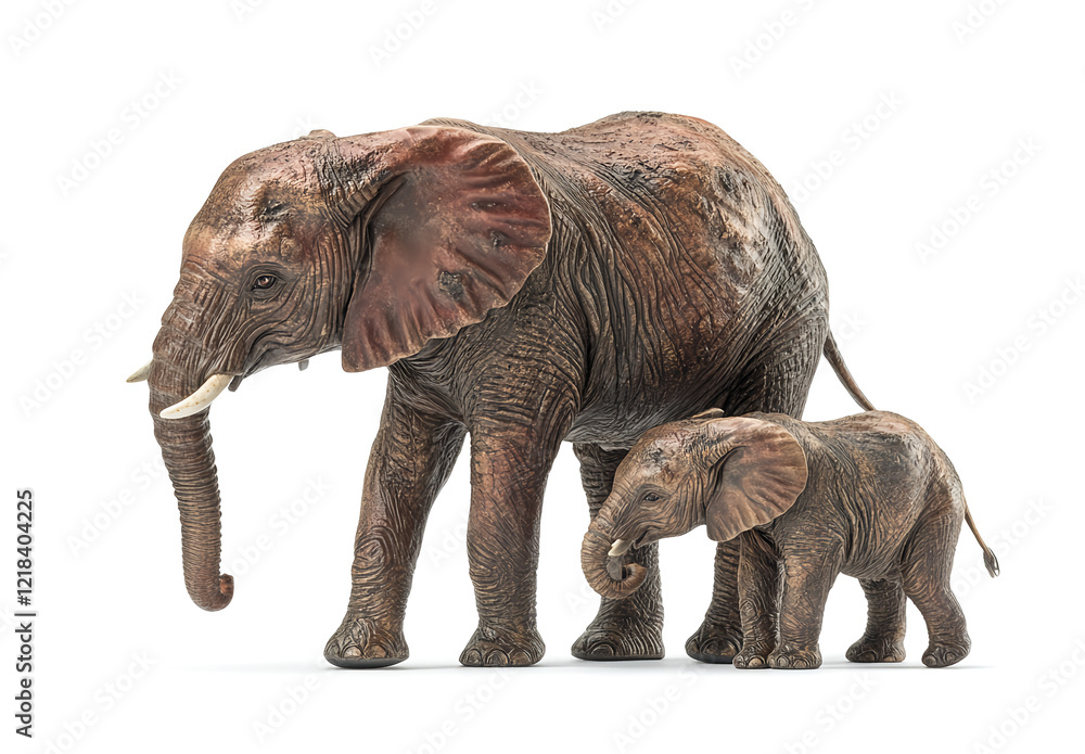 Fototapeta premium An adult African elephant with two young elephants behind it, walking side by side, in a photo-realistic image isolated on a white background. 