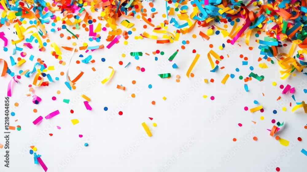 Colorful confetti scattered on a white surface, perfect for celebrations and festive occasions. on white background Colorful confetti scattered on a white surface, perfect for celebrations and festive occasions. on white background